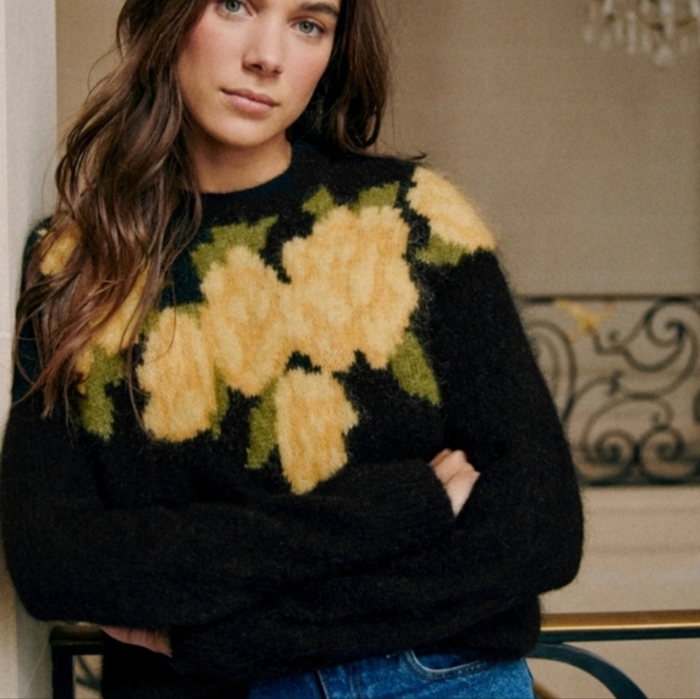 Sezane Black Sweater with Yellow Floral Accents